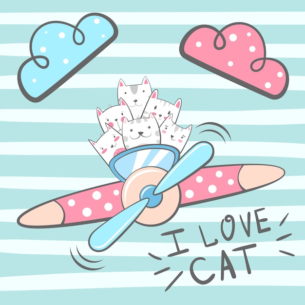 Cartoon kat, kitty tekens. vliegtuig illustratie Premium Vector