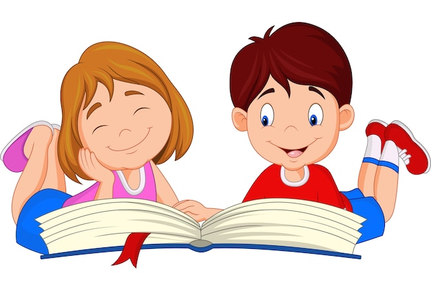 Cartoon kinderen lezen boek | Premium Vector