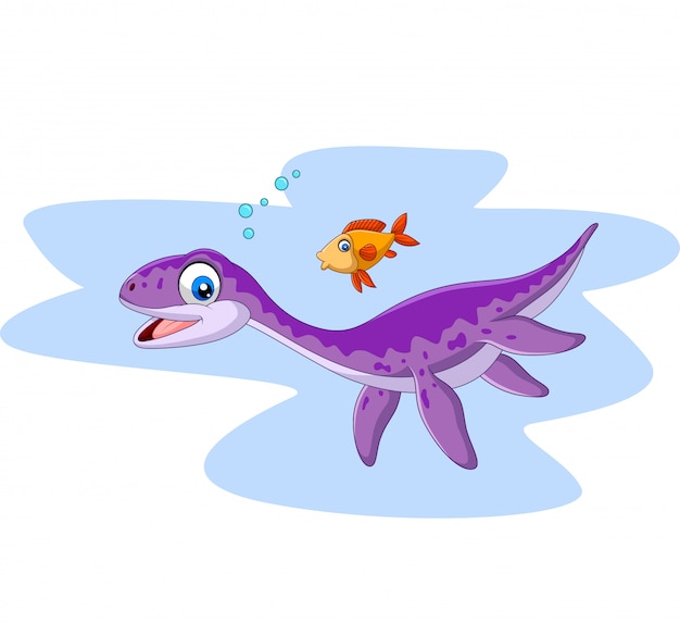 Cartoon lachende plesiosaurus en vis Premium Vector