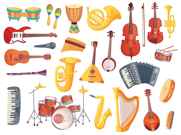 Cartoon muziekinstrumenten, gitaren, bongo drums, cello, saxofoon, microfoon, drumstel geïsoleerd. muziek instrument vectorinzameling Premium Vector