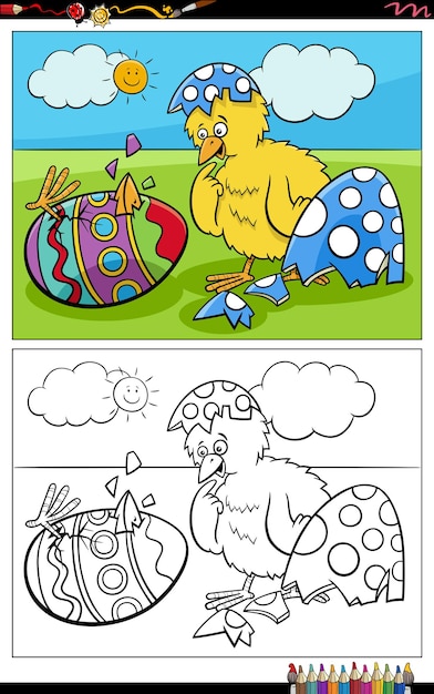 Cartoon Pasen Kuiken Uitgebroed Uit Ei Kleurboekpagina Premium Vector
