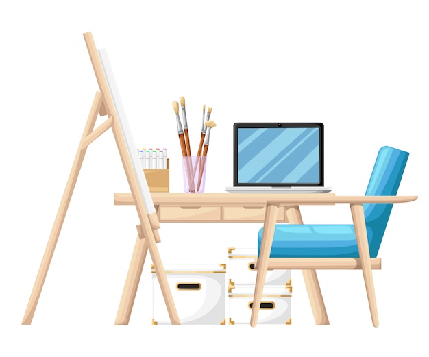 Cartoon Stijl Tools En Materialen Voor Het Schilderen Van Penselen Ezel Buis Van Verf En Notebook Op Tafel Met Blauwe Fauteuil Illustratie Op Witte Achtergrond Webpagina En Mobiele App Premium Vector