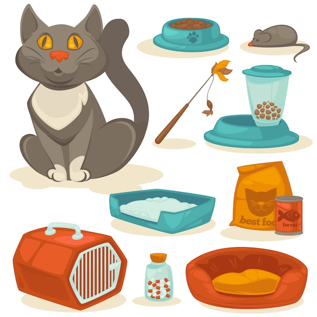 Cat accessoires set. dierbenodigdheden Premium Vector