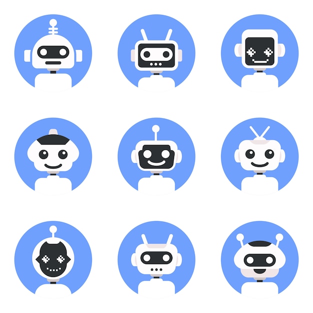 Chatbot symbool, logo sjabloon. robot icon set. bot teken ontwerp. moderne vector vlakke stijl cartoon karakter illustratie. Premium Vector
