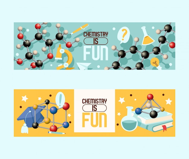 Chemie is leuke set ofs. laboratoriumapparatuur zoals microscoop, fles met vloeistof, molecuulvormen. Premium Vector