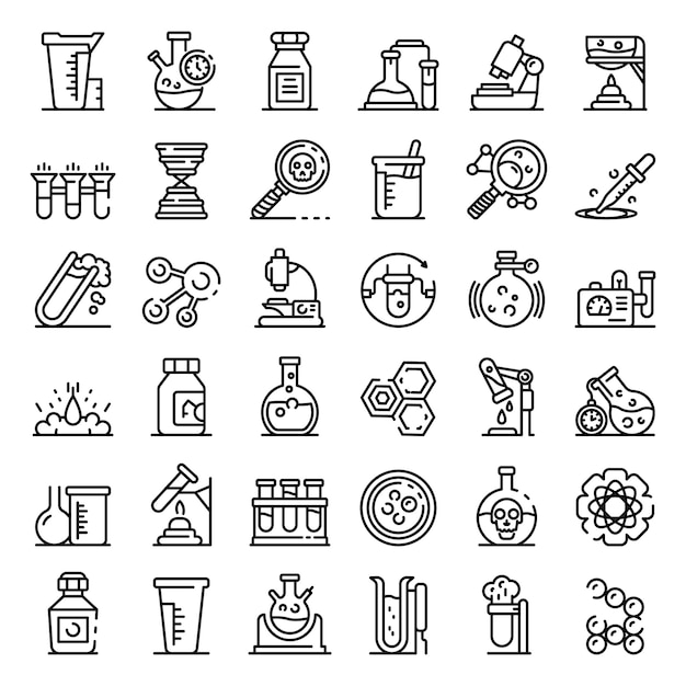 Chemisch laboratorium experiment iconen set, overzicht stijl Premium Vector