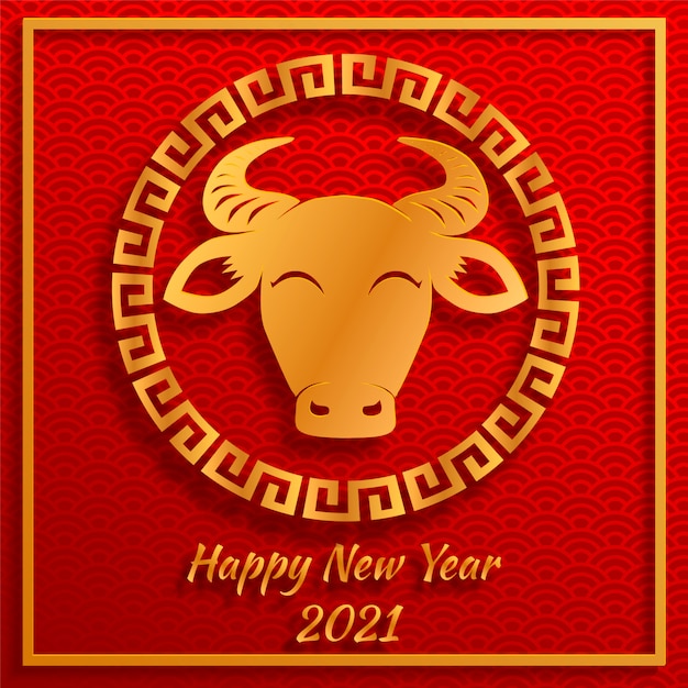 2021 Jaar Van De Chinees Nieuwjaar 2021 Jaar Van Het Os Rood En Goud Papier Gesneden Os Karakter In Ambachtelijke Stijl Op Traditionele Achtergrond Premium Vector