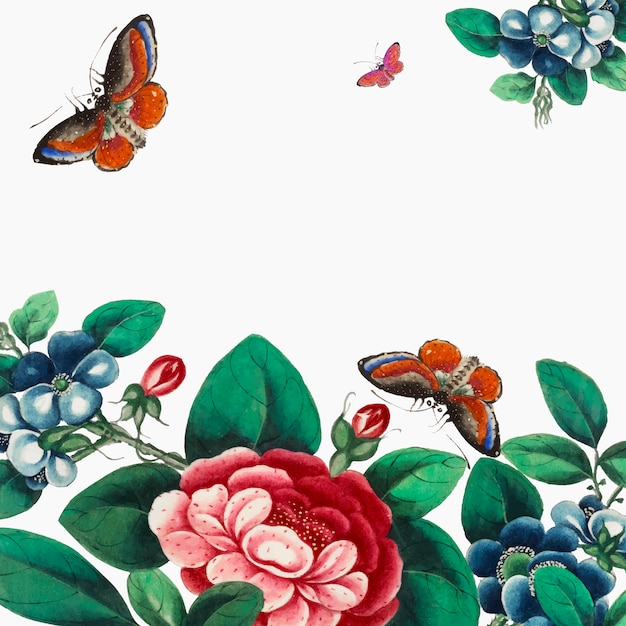 Chinees schilderij met bloemen en vlinders behang | Gratis Vector