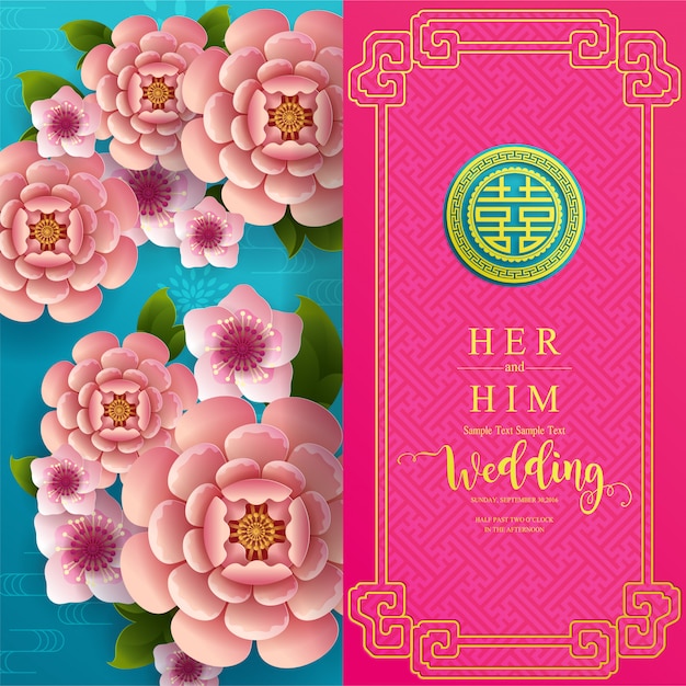 Chinese oosterse bruiloft uitnodiging kaartsjablonen met prachtige patroon op papier kleur achtergrond. Premium Vector