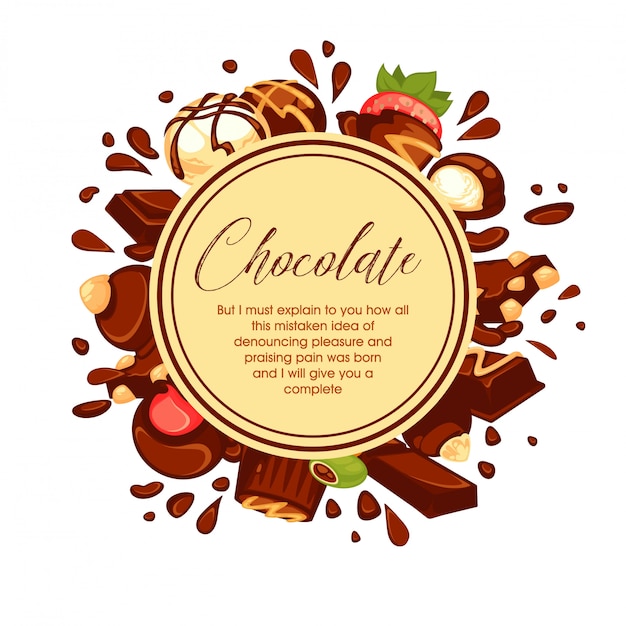 Chocolade spatten en snoep rond de cirkel op wit Premium Vector