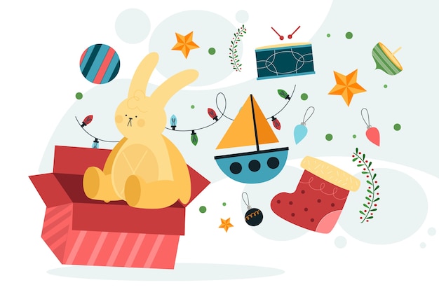 Christmas speelgoed achtergrond in platte ontwerp Gratis Vector