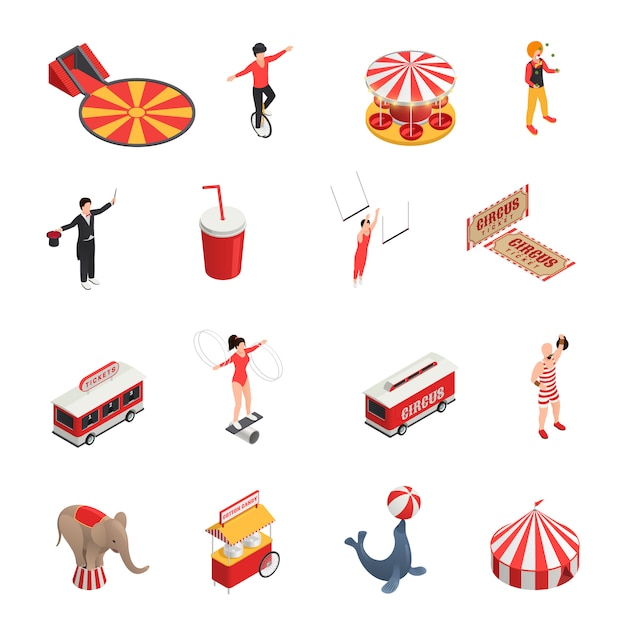 Circus isometrische set van manege juggler clown acrobaat getrainde dieren kaartjes cola carrousel decoratieve pictogrammen Gratis Vector
