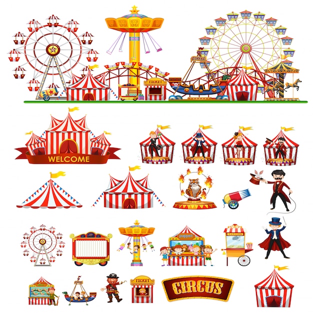 Circus thema objecten en kinderen geïsoleerd Premium Vector