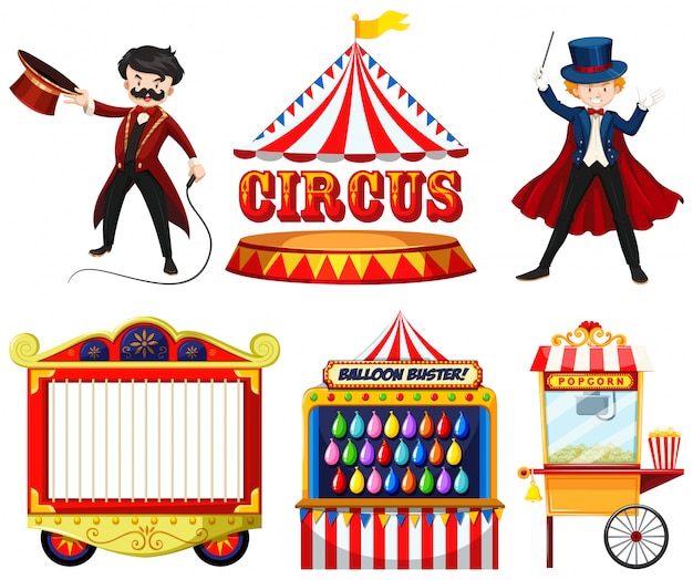 Circusthema-objecten met goochelaar, tent, kooi, spelletjes en eetkraam Gratis Vector