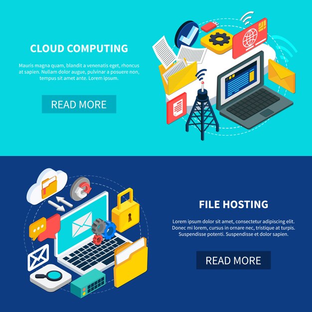 Cloud computing en bestandshostingbanners Gratis Vector