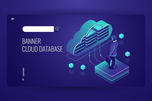 Cloud-database, isometrische pictogram, data cloud computing, man blijven op platform Gratis Vector