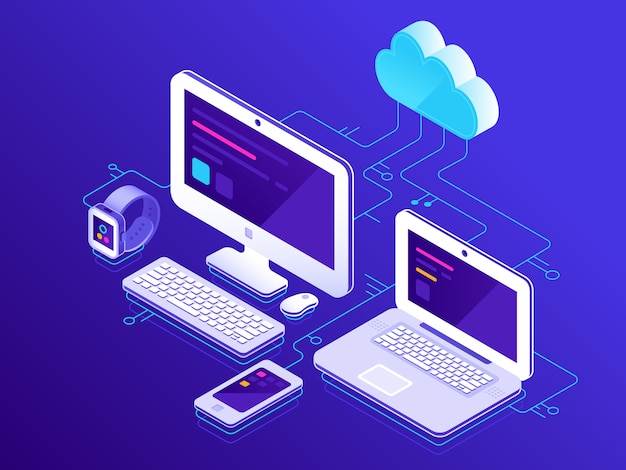 Cloudopslag, computerapparatuur aangesloten op dataserver-pc Premium Vector