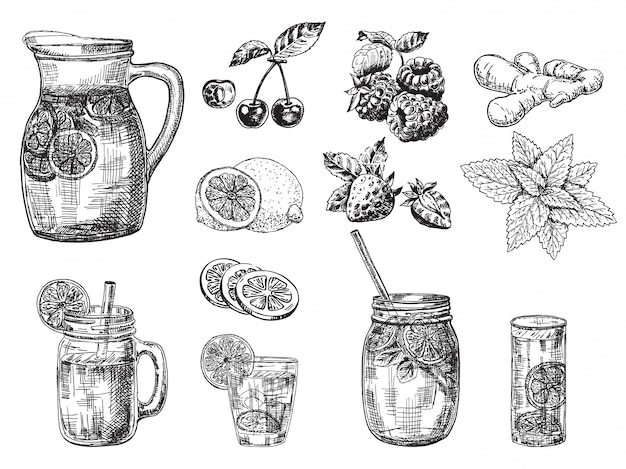 Cocktail en fruitdranken schets. limonade sapkan. Premium Vector