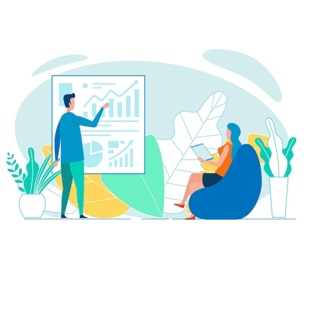 Collega's die gegevens bespreken, gepresenteerd in diagrammen Premium Vector