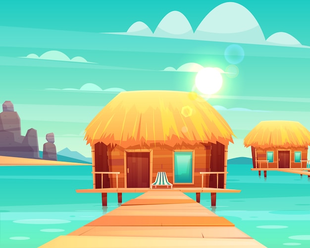 Comfortabele houten bungalowwen met met stro bedekt dak op pijler bij de zonnige tropische vectorillustratie van het zeekustbeeldverhaal. Gratis Vector