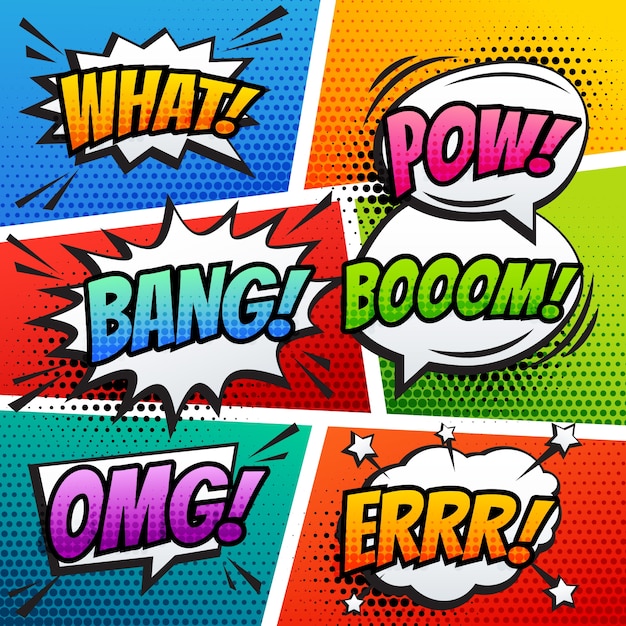 Comic sound effect speech bubble pop art in vector cartoon stijl Gratis Vector