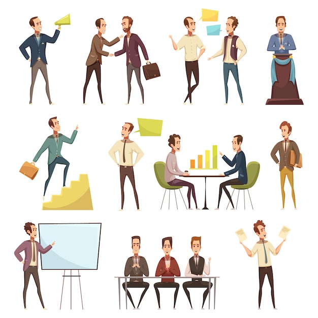 Commerciële vergaderingspictogrammen die met de plannings- en werksymbolenbeeldverhaal geïsoleerde vectorillustratie worden geplaatst Gratis Vector