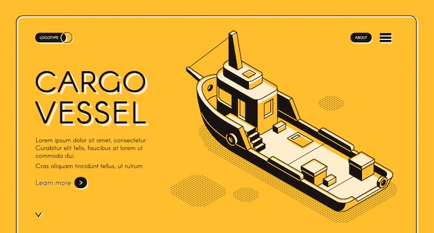 Commerciële vrachtschip isometrische webbanner met vrachtschip of sleepboot lijntekeningen Gratis Vector