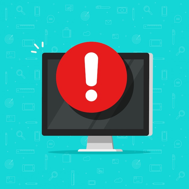 Computer met alarm of alarm teken pictogram, platte pc-display met uitroepteken, concept van gevaar of risico Premium Vector