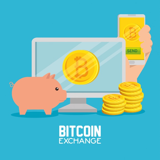 Computer met bitcoinvaluta en varken van de smartphoneuitwisseling Gratis Vector