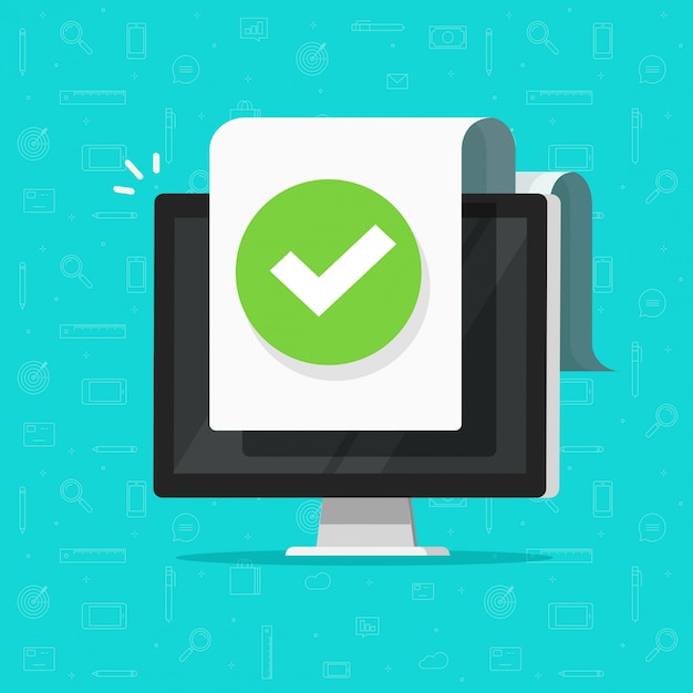 Computer met vinkje of vink melding op document of goedgekeurd bestand pictogram platte cartoon ontwerp Premium Vector