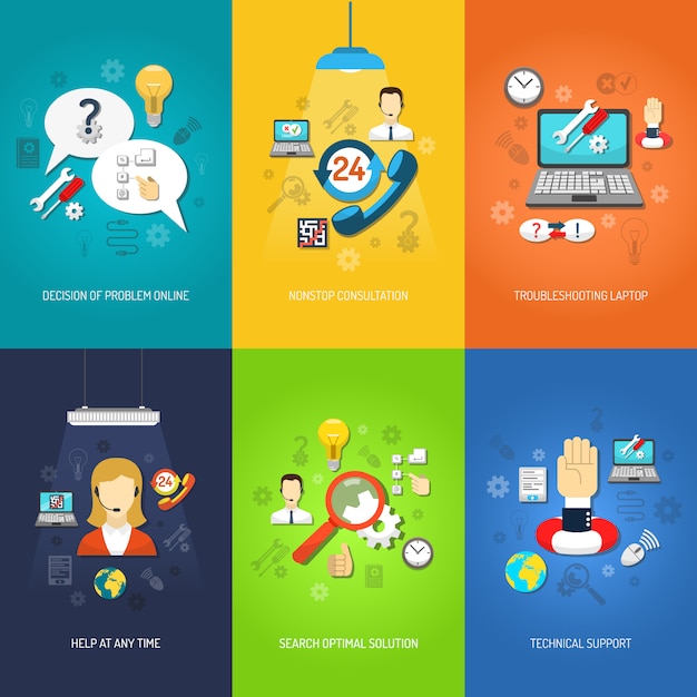 Computersteun miniposter veelkleurig ingesteld Gratis Vector