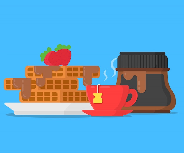 Concept ontbijtwafels met chocoladedeegwaren en kopthee Premium Vector