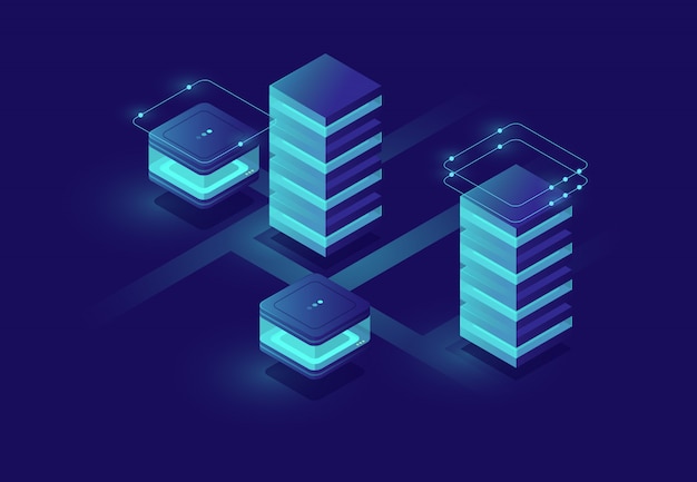 Concept van slimme stedelijke stad met serverruimte en database pictogrammen, datacenter en database Gratis Vector