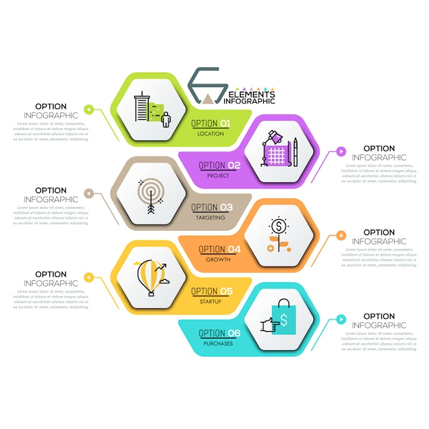 Creatief infographic ontwerpsjabloon met 6 zeshoekige elementen Premium Vector