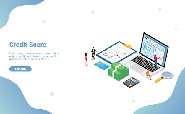 Credit score met team mensen analyse persoonlijke financiële controle met isometrisch Premium Vector