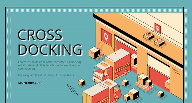 Cross-docking-logistiek. vrachtwagens die goederen ontvangen en verzenden, opslagprocessen, vrachtvervoer. Gratis Vector