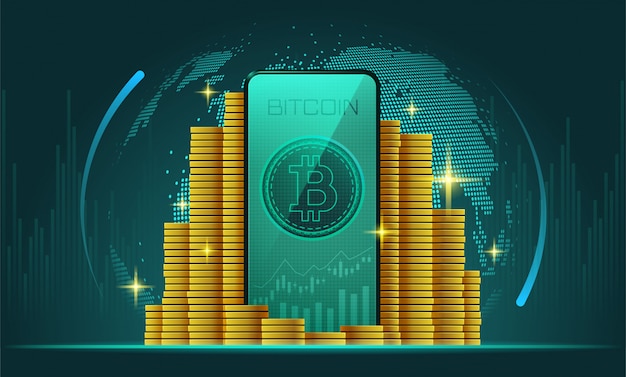 Cryptocurrency en smartphone met bitcoin op het scherm Premium Vector