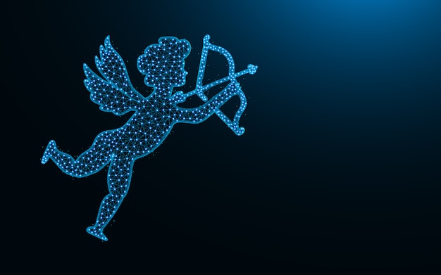 Cupido met pijl en boog laag poly-ontwerp, angel of love abstract geometrisch beeld, draadframe mesh veelhoekige vectorillustratie gemaakt van punten en lijnen Premium Vector