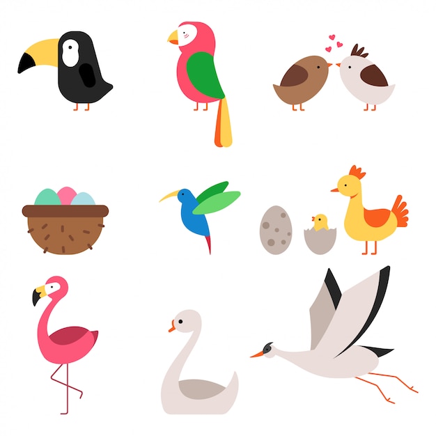 Cute cartoon vogels vector plat pictogrammen set geïsoleerd op een witte achtergrond. Premium Vector