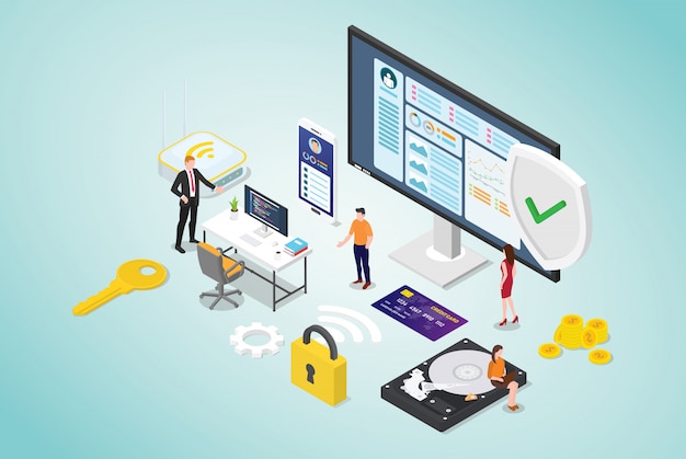 Cyberveiligheidsconcept met teammensen en veilige codeprogrammeur met moderne vlakke stijl en isometrisch ontwerp Premium Vector