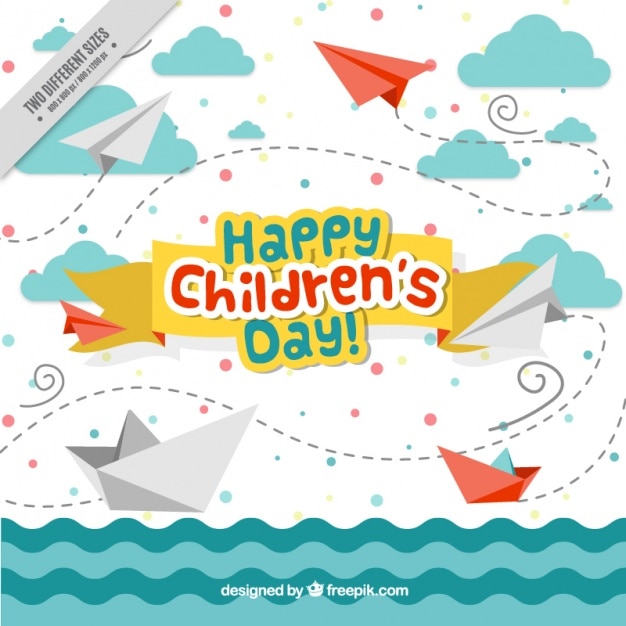 Dag leuke achtergrond van de zee van kinderen met boten en vliegtuigen origami Gratis Vector
