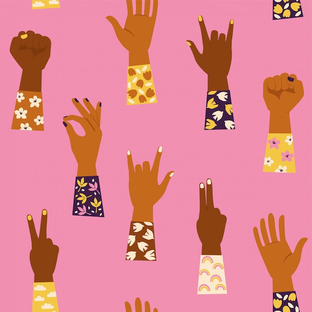 Dames handen met haar vuist omhoog en met verschillende handengebaren. girl power. feminisme. naadloze patroon Premium Vector