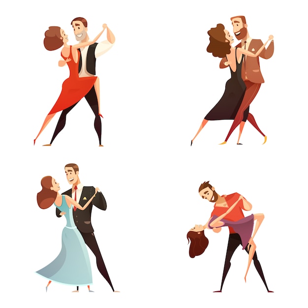 Dans Paar Retro Cartoon Set Mannen En Vrouwen Die Samen Dansen Gratis Vector 1492