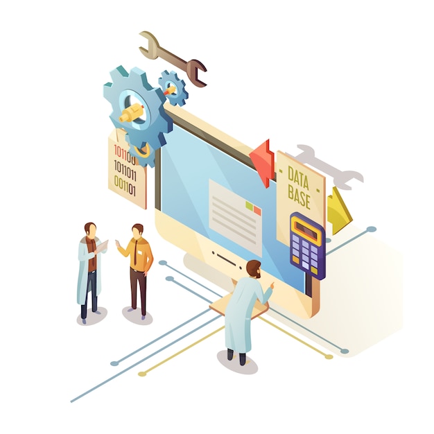 Database isometrisch ontwerp met personeel en computerapparatuur Gratis Vector