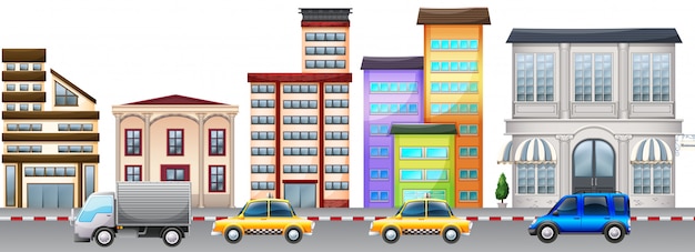 De achtergrond van de stadsscène met gebouwen en auto's op weg Gratis Vector