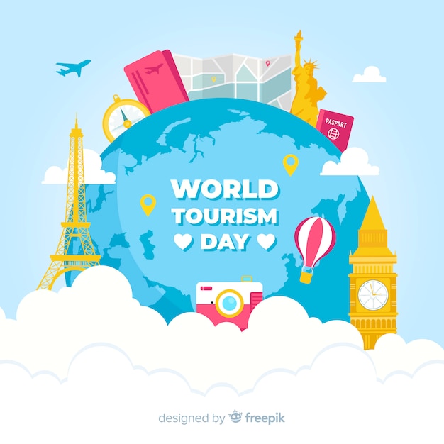 De achtergrond van de toerismedag met wereld en monumenten in vlak ontwerp Gratis Vector