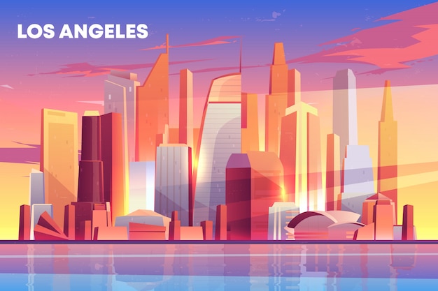 De architectuur van de de stadshorizon van los angeles dichtbij waterkant, moderne megapolis met gebouwenwolkenkrabbers Gratis Vector