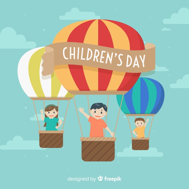 De dagachtergrond van gelukkige kinderen met jonge geitjes in hete luchtballons Gratis Vector