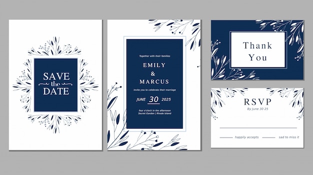 De eenvoudige blauwe ornamentinstallatie bloemen bewaart de de inzamelingskaartinzameling van de datumhuwelijk Premium Vector