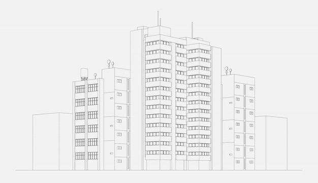De flatbouwsteen van het stadsarchitectuur met toren en wolkenkrabber lineaire schets vectorillustratie Gratis Vector